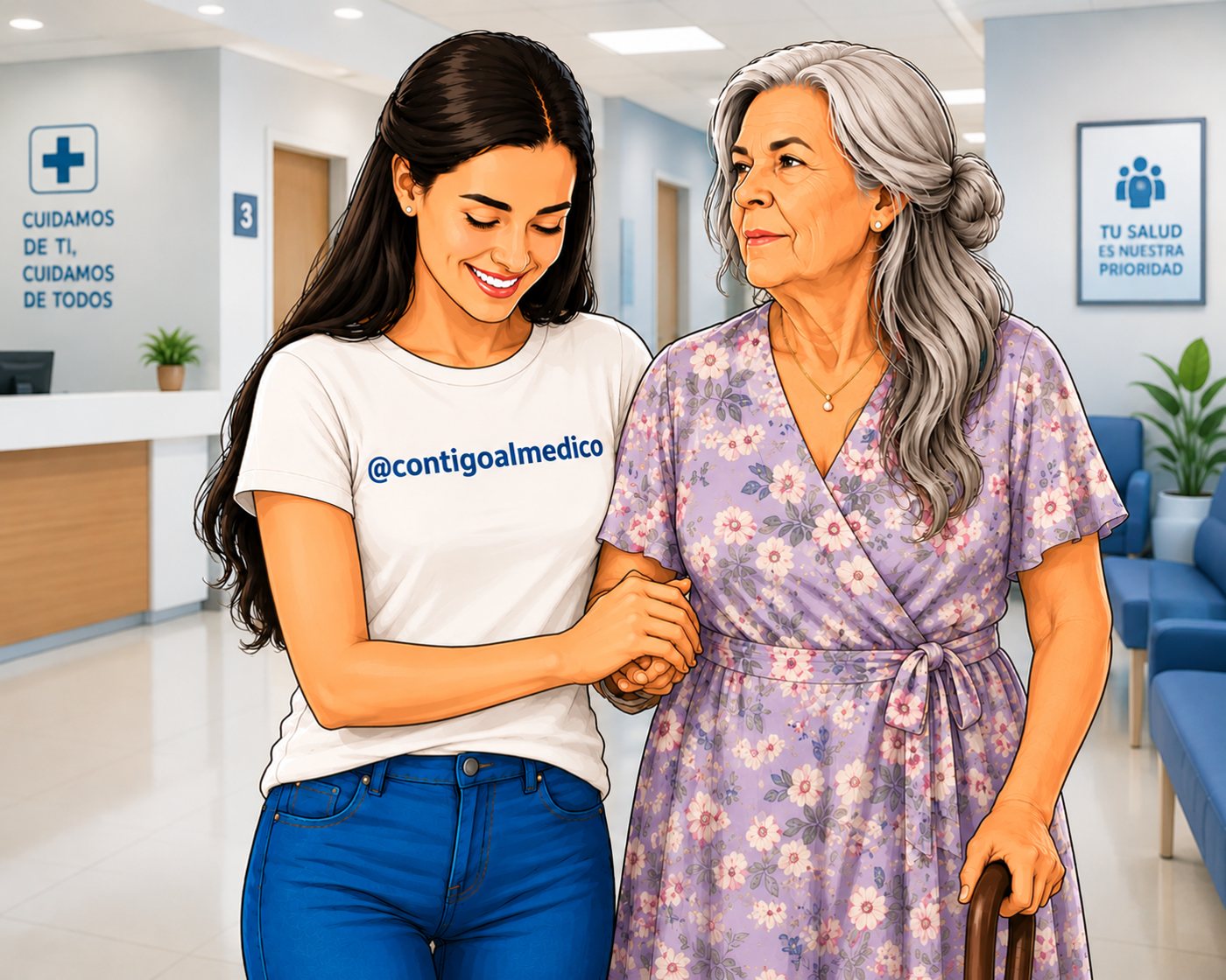 Acompañante de Contigo al Médico tomando del brazo a una señora mayor en la sala de espera de un centro médico